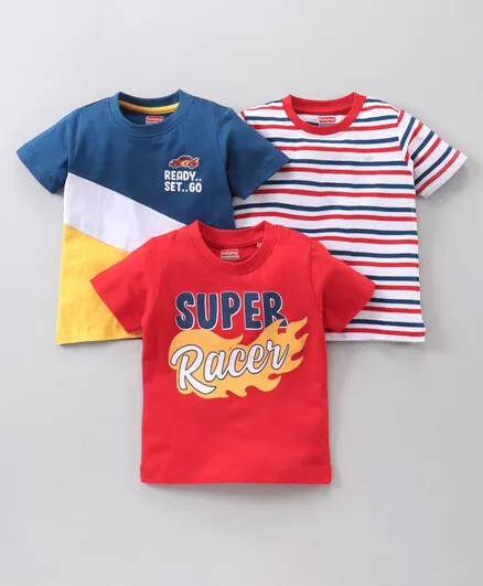 Babyhug Half Sleeves Striped Tees Text Print Pack of 3 - Red White Multicolor